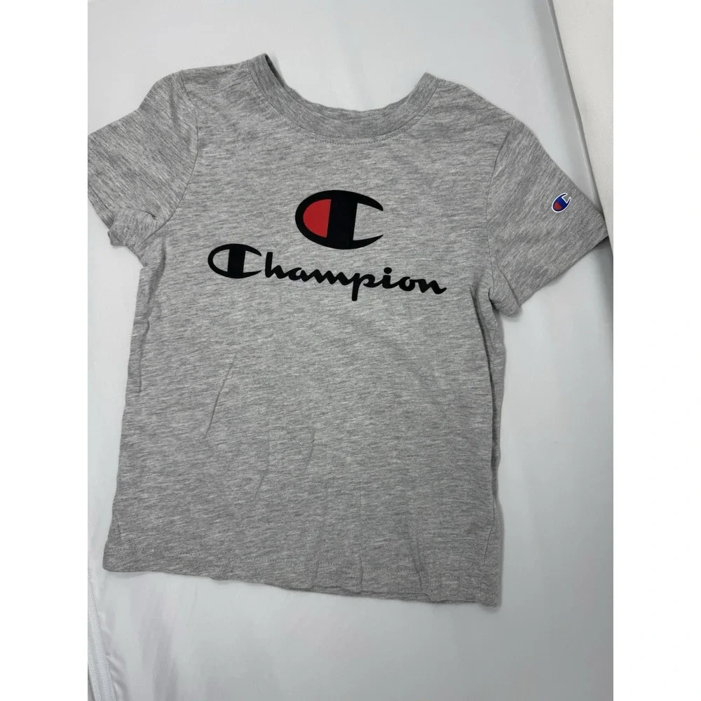Champion Shirt Kids 6/7 Gray  Spellout‎ Classic Logo Crew Neck Short Sleeve
